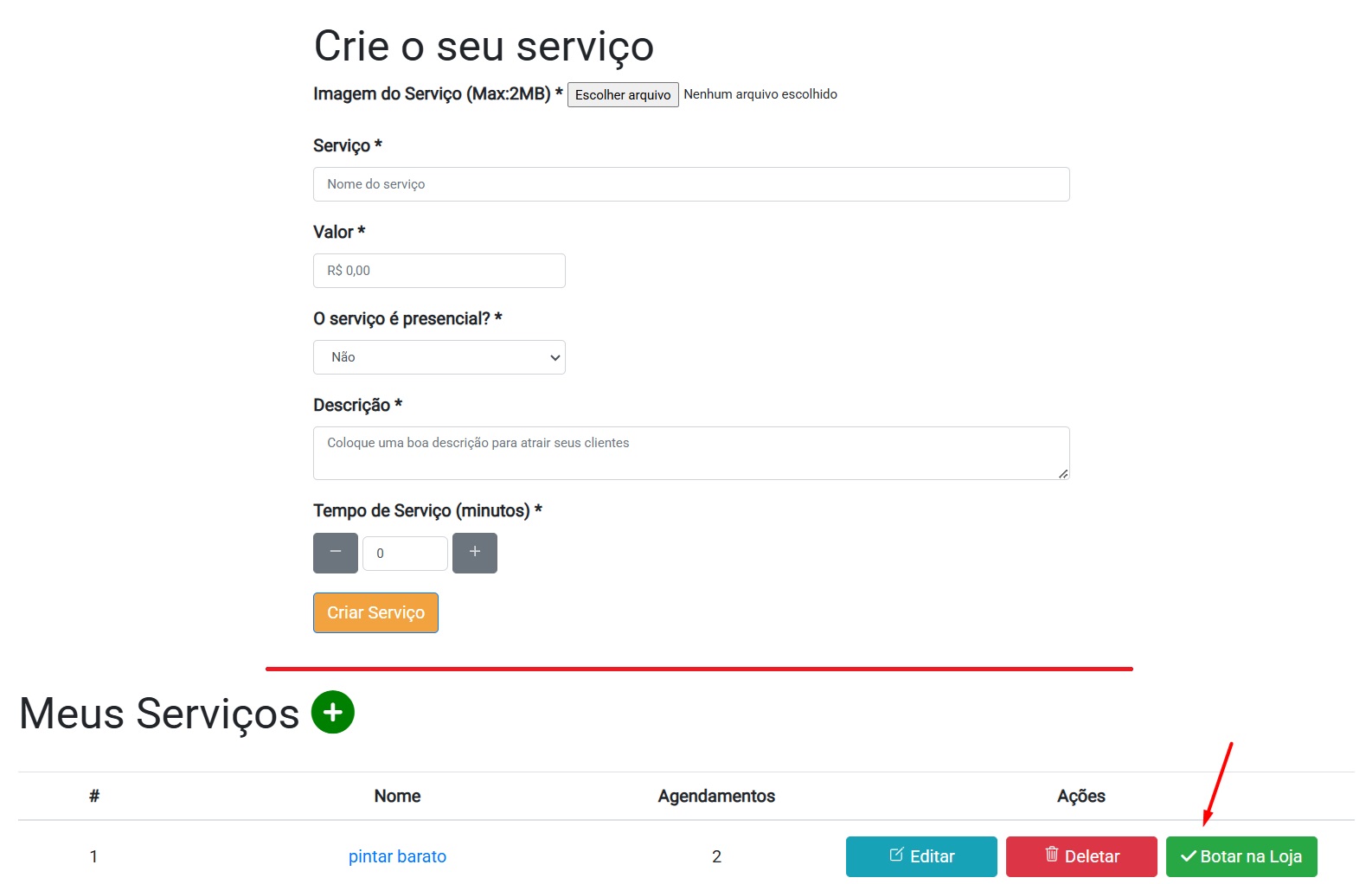 Imagem mostrando como criar serviço e colocar na loja