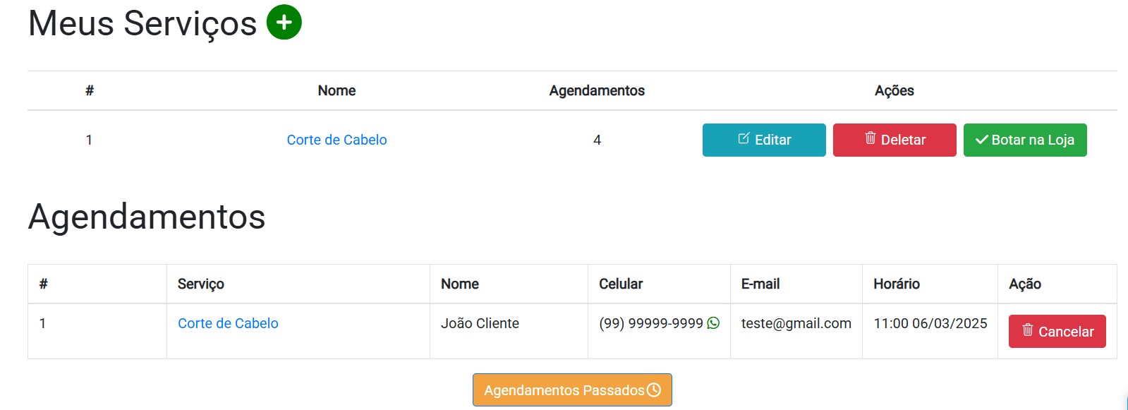 Imagem mostrando lista de serviços e agendamentos